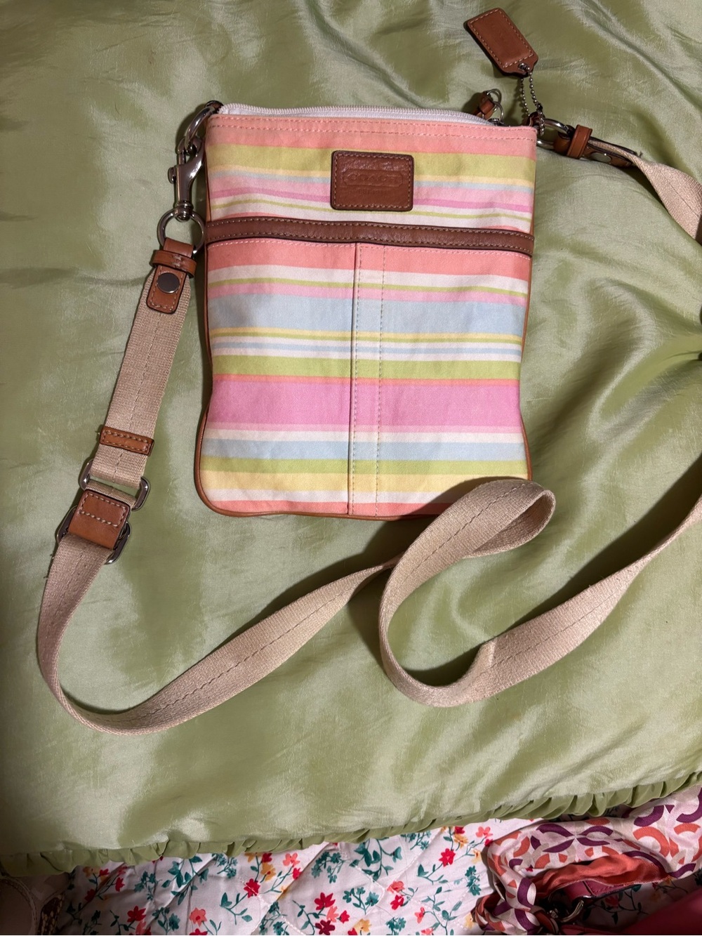 Coach Pastel Striped Canvas Crossbody with Leather Trim
